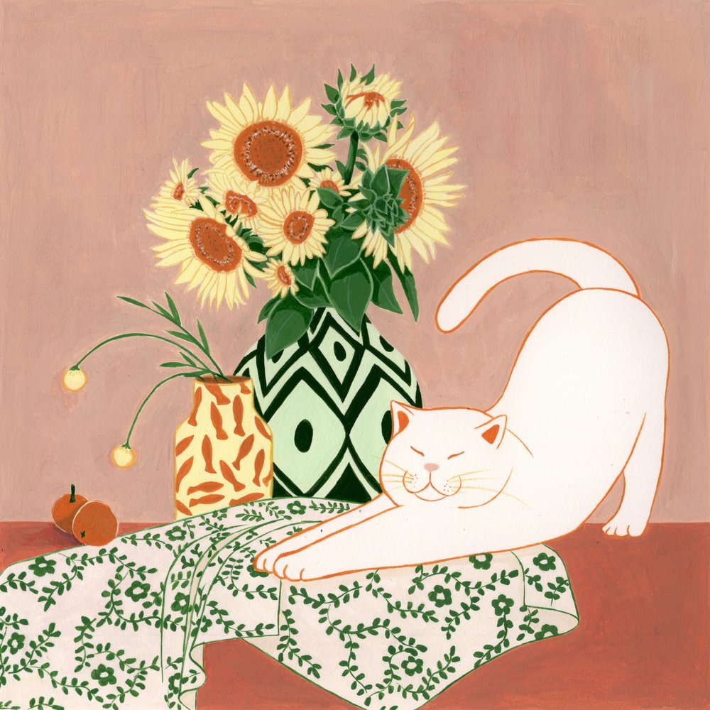 Glückliche Katze Sonnenblumen von Julie Lesouef