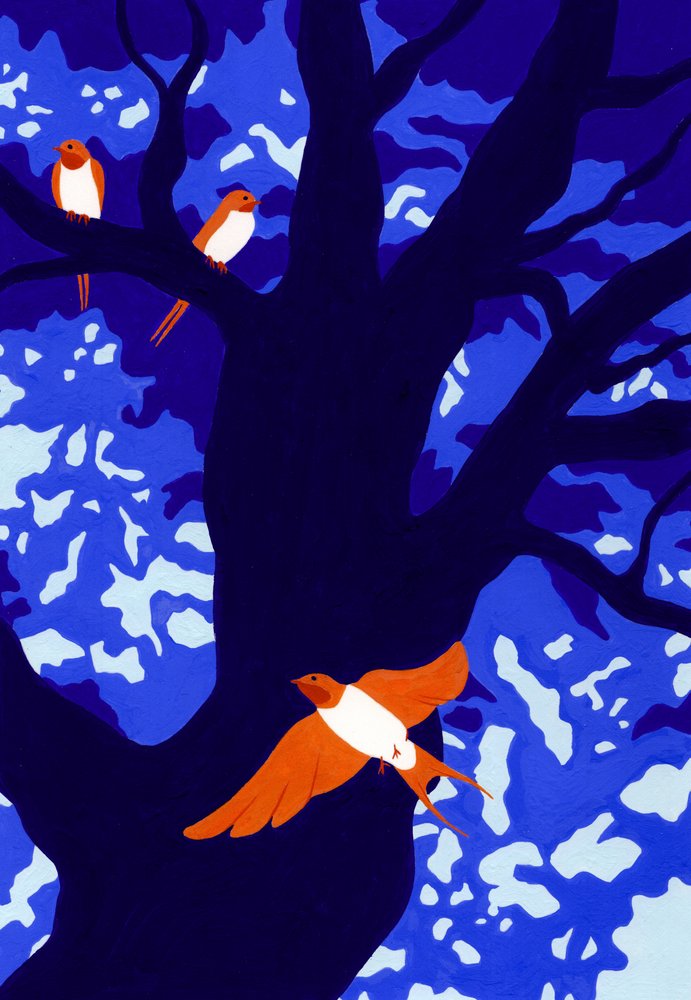 Orange Vögel blauer Baum von Julie Lesouef