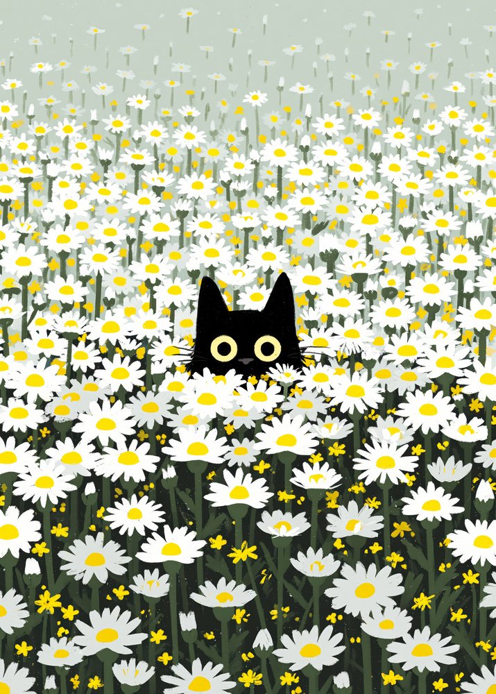Schwarze Katze Gänseblümchenwiese von Justyna Jaszke
