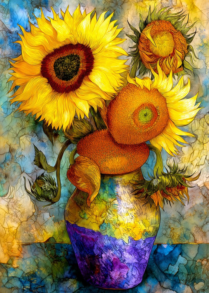 Lebendiges Sonnenblumen-Stillleben von Justyna Jaszke