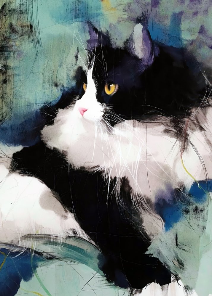 Lebendiges Tuxedo Katzenporträt von Justyna Jaszke
