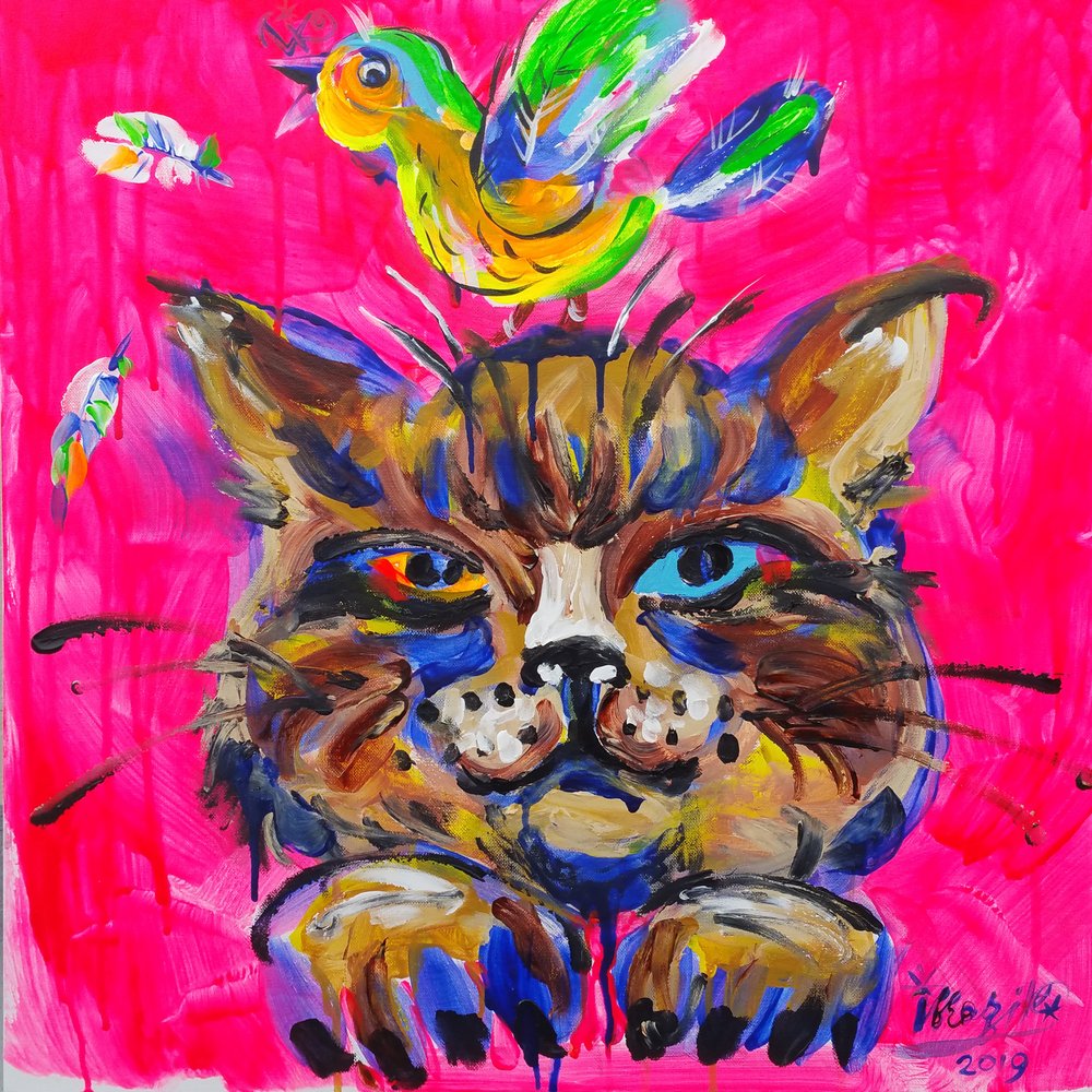 Bunte Katze mit Vogel von Kanat Ibragimov