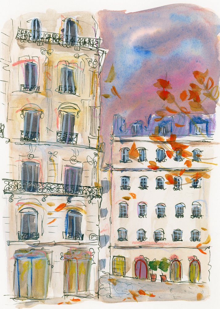 Pariser Straßenecke mit violettem Himmel von Katharina Puritscher