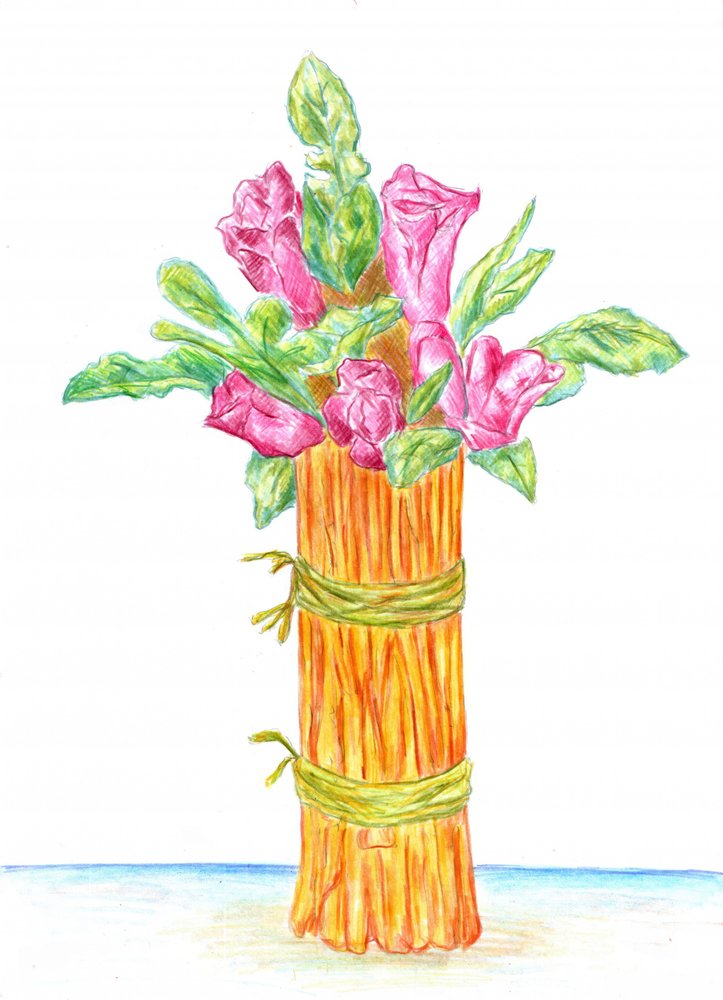 Rustikale Vase mit Rosa Blumen von Kulik
