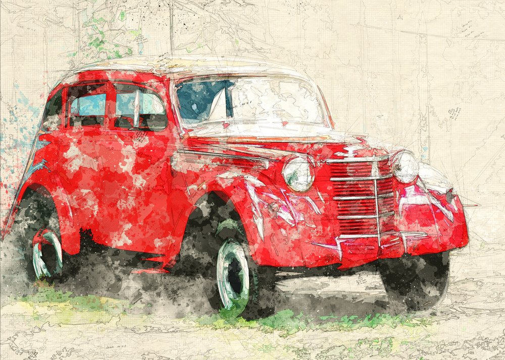 Rotes Altes Auto von Lembayung senja studio [Vintage Poster]