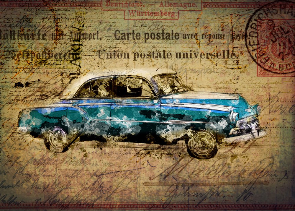 Retro Blaues Auto Postkarte von Lembayung senja studio [Vintage Poster]