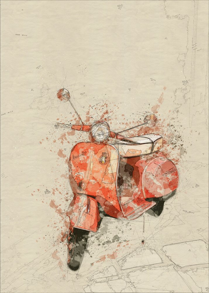 Vintage rote Vespa-Kunst von Lembayung senja studio [Vintage Poster]