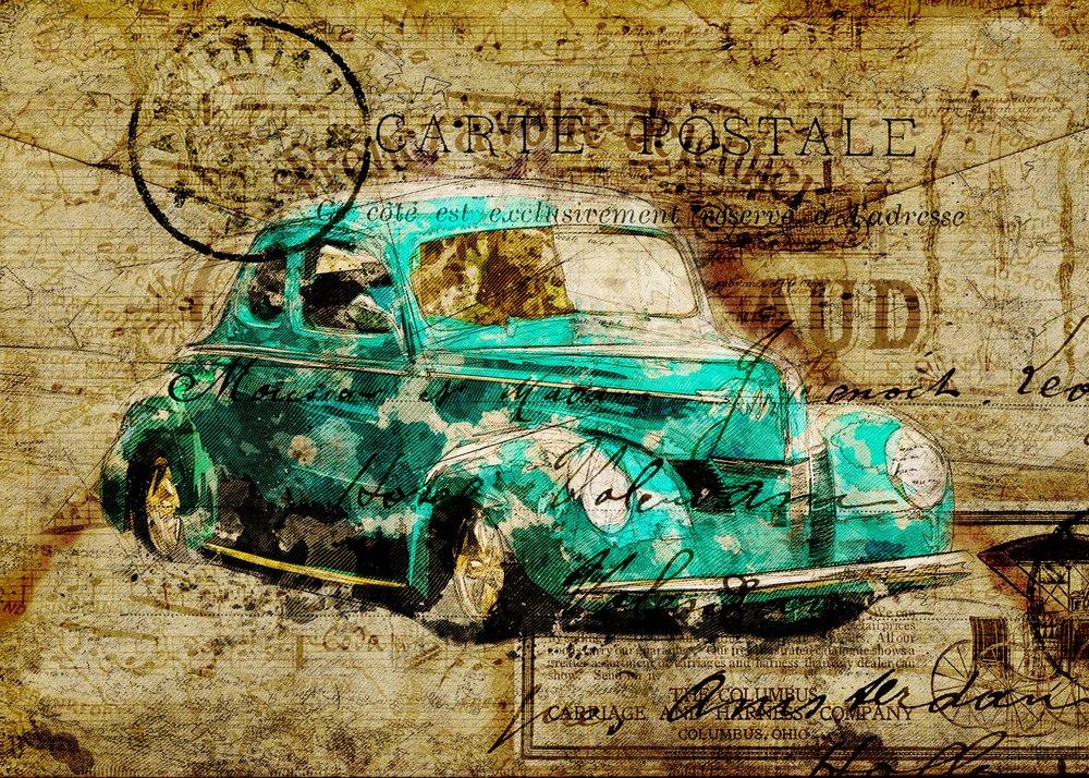 Vintage-Teal-Auto-Postkarte von Lembayung senja studio [Vintage Poster]