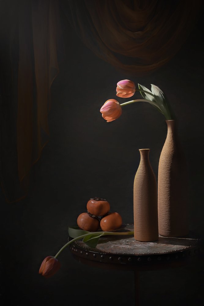 Stimmungsvolle Tulpen und Früchte von Lydia Jacobs
