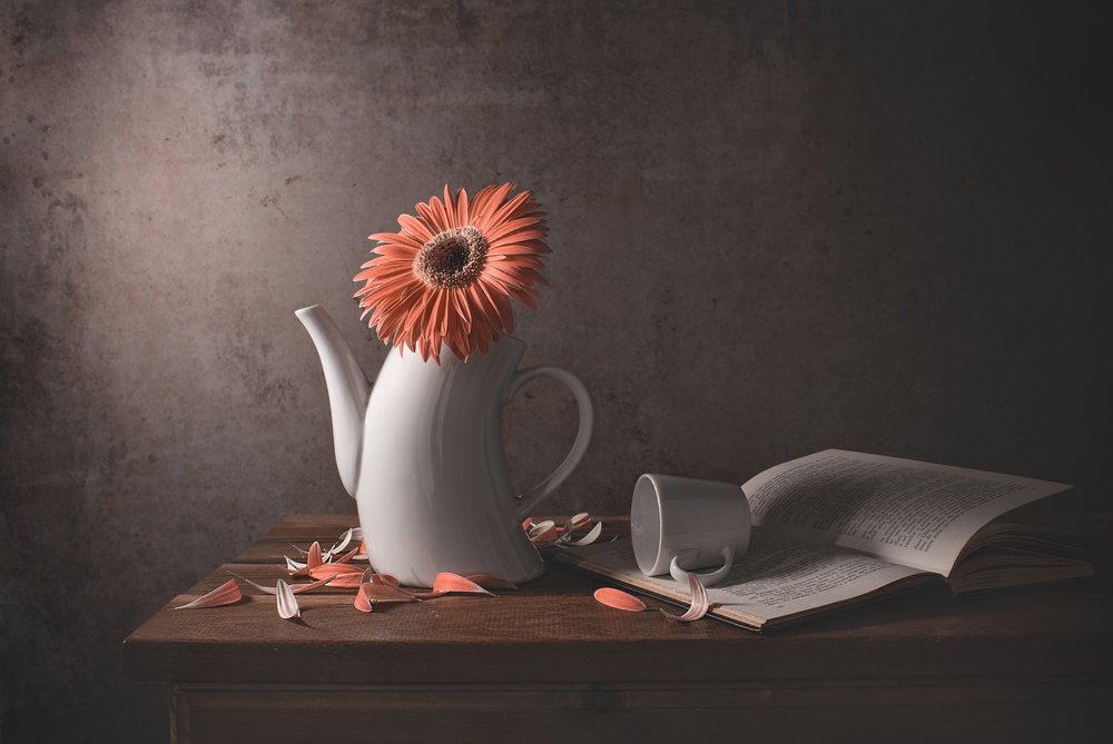 Orange Gänseblümchen zerbrochene Teekanne von Margareth Perfoncio