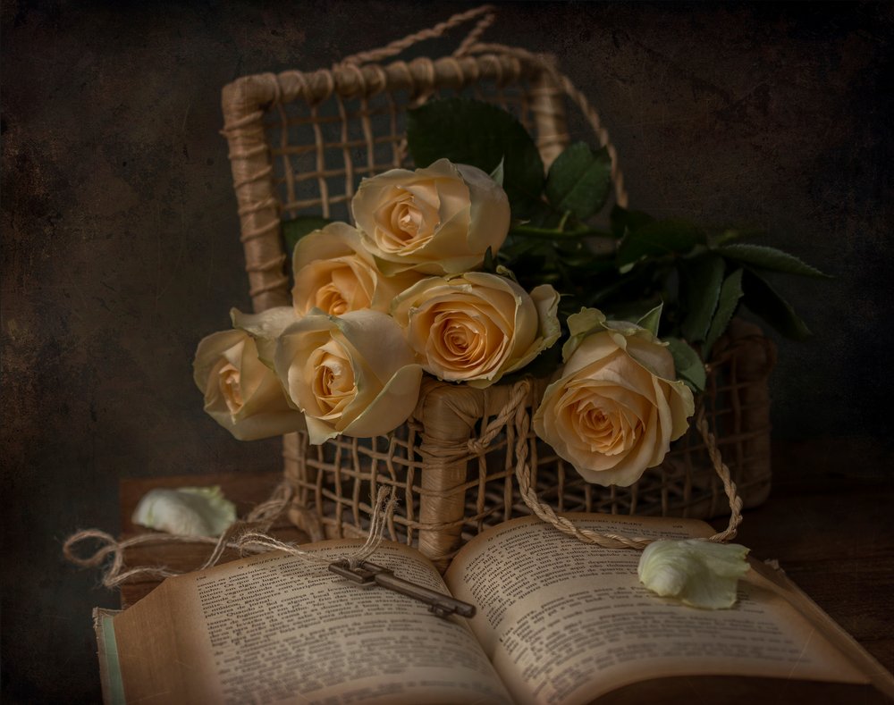 Romantische Rosen und altes Buch von Margareth Perfoncio