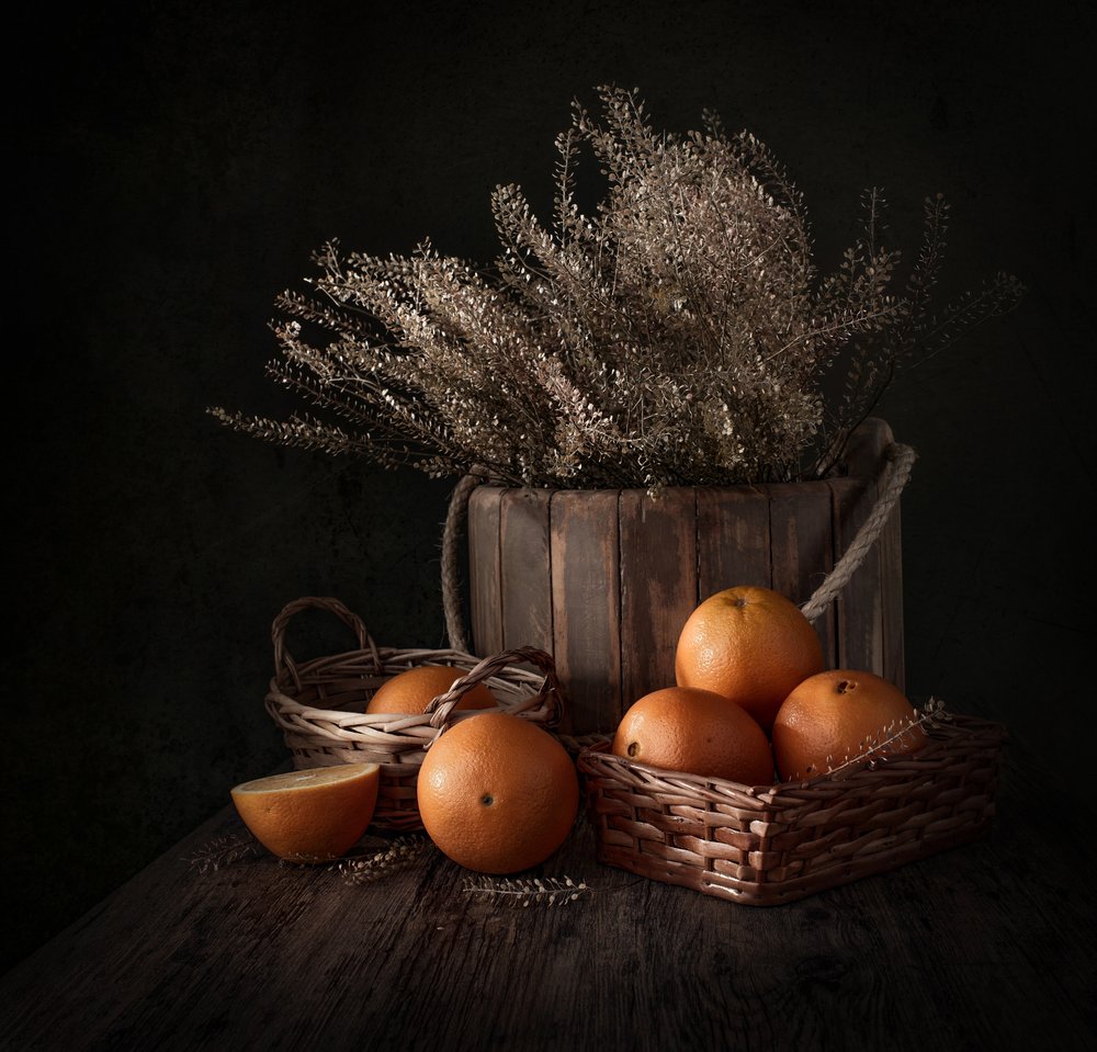 Rustikales Orangen-Stillleben von Margareth Perfoncio