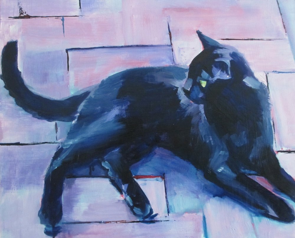 Schwarze Katze, lila Boden von Maxine Shore