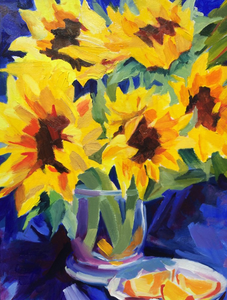 Goldene Sonnenblumen in Vase von Maxine Shore