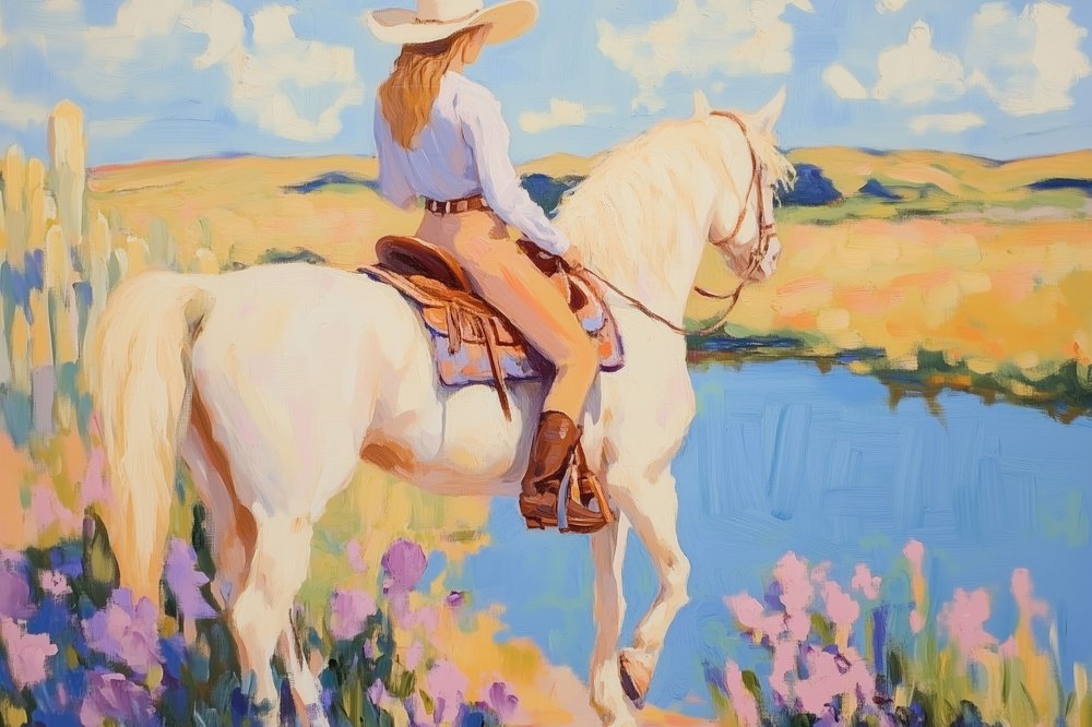 Cowgirl auf weißem Pferd von Melloi Art Prints