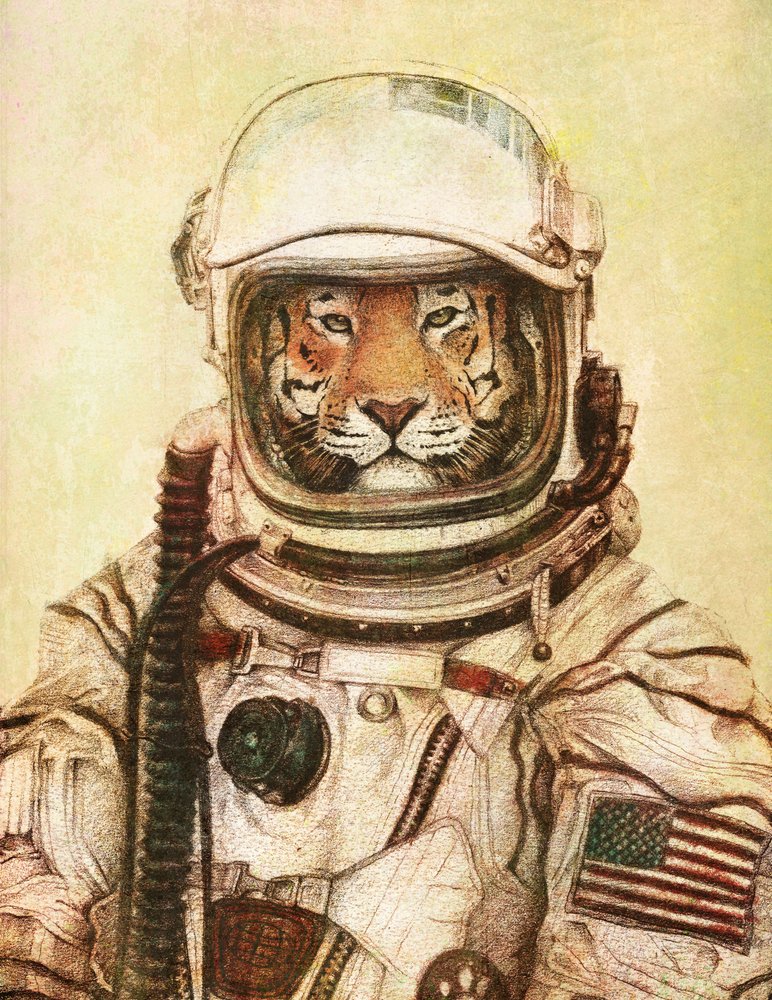 Tiger im Vintage-Astronautenanzug von Mike Koubou