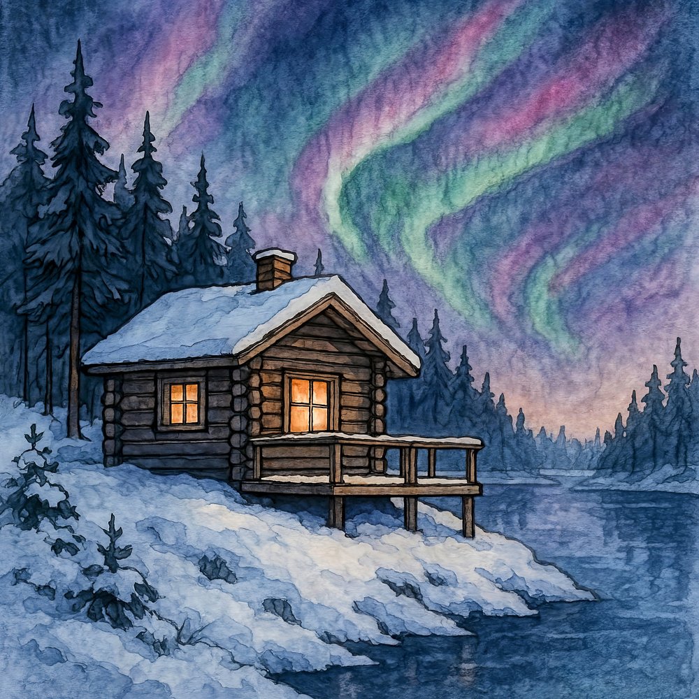 Verschneite Hütte Nordlichter von Natalie Bruns