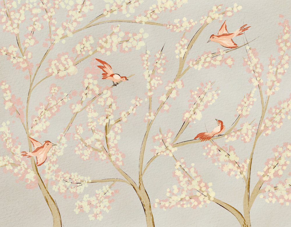Rosa Vögel und Frühlingsblüten von Nikita Jariwala
