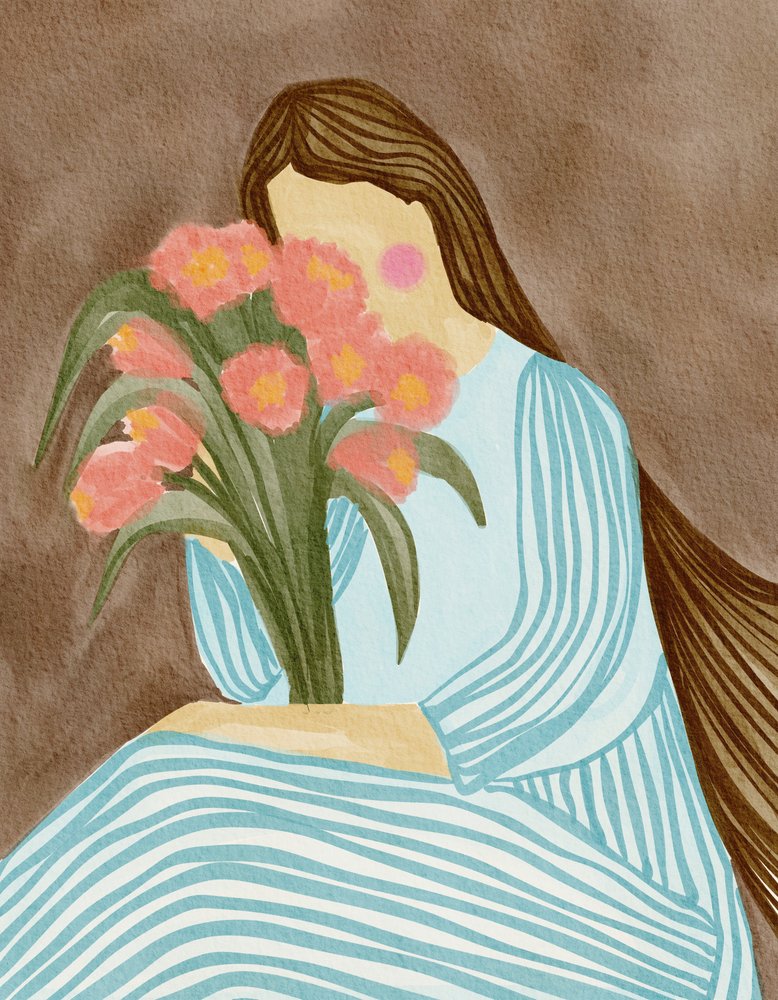 Schüchterne Frau mit rosa Tulpen von Nikita Jariwala