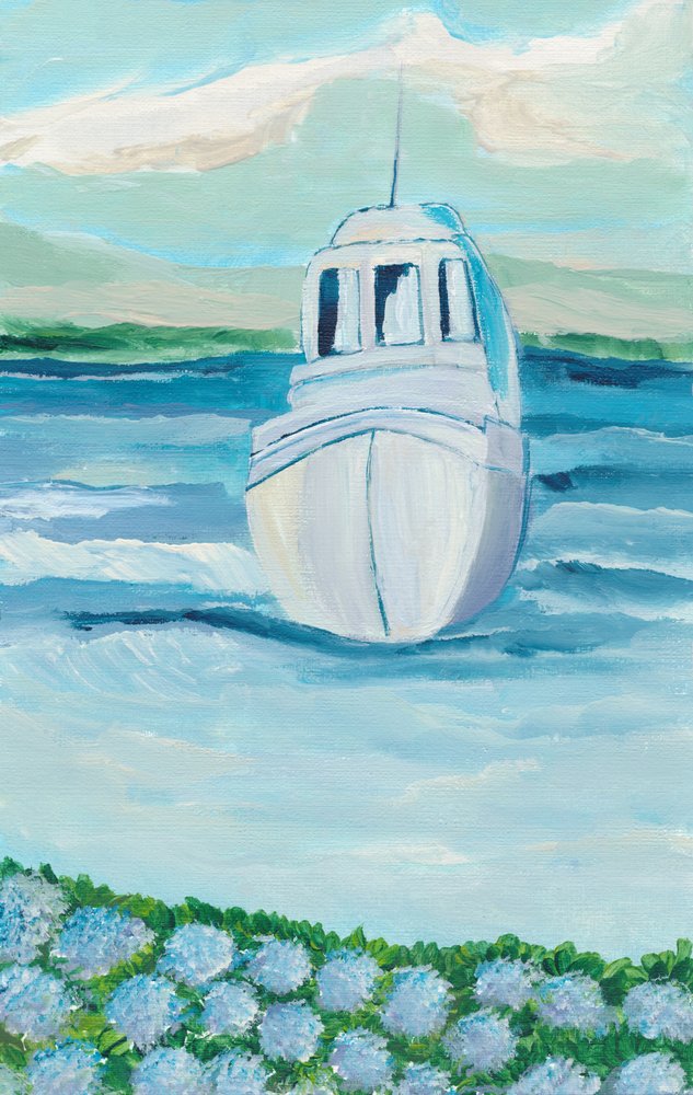 Weißes Boot Blaue Hortensien von Nikita Jariwala