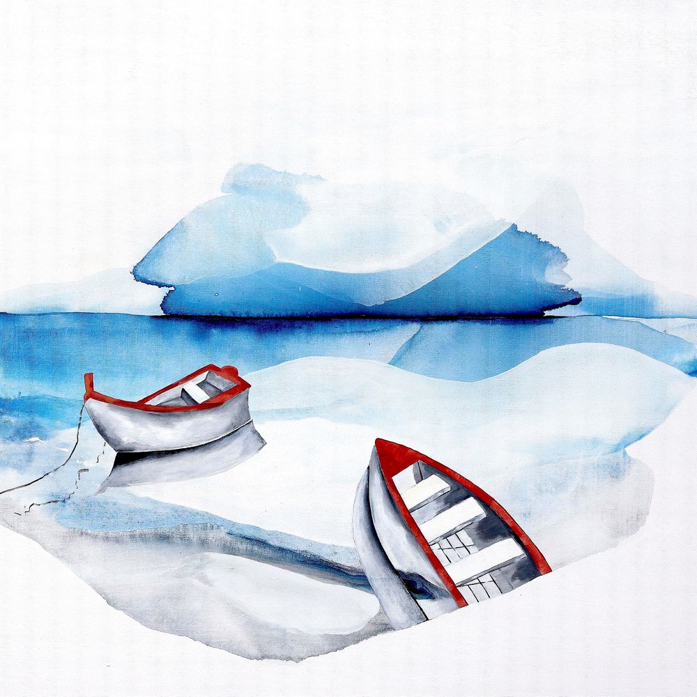 Rote Boote blauer See von Poonam Choudhary