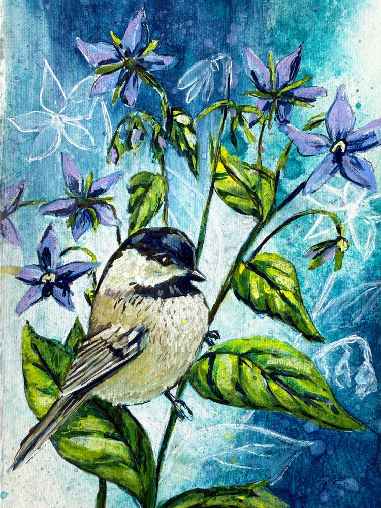 Blauer Gartenmeise von Renee Machan Cottagecore Artist