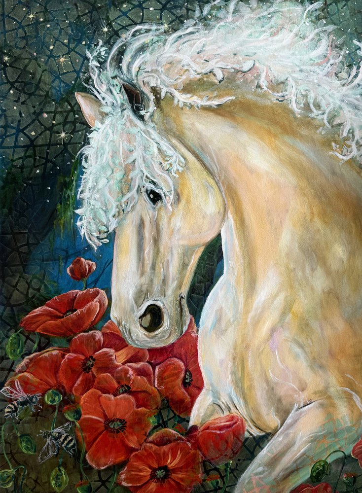 Träumendes Pferd und Mohnblumen von Renee Machan Cottagecore Artist