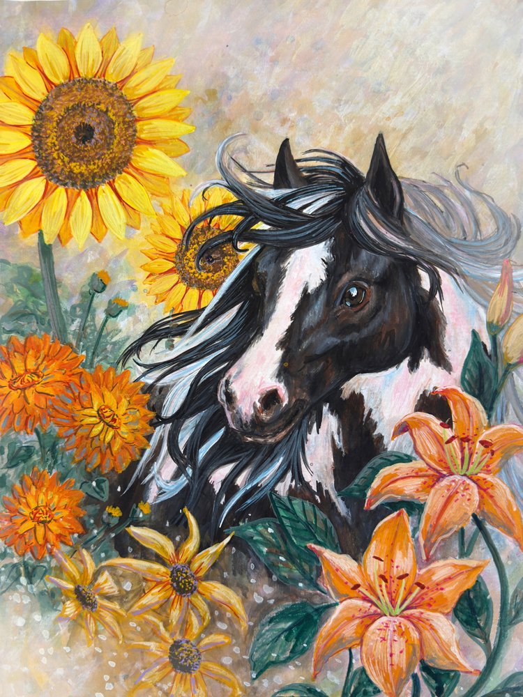 Pferd unter Sonnenblumen von Renee Machan Cottagecore Artist