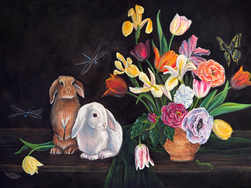 Kaninchen und Frühlingsblumen von Renee Machan Cottagecore Artist