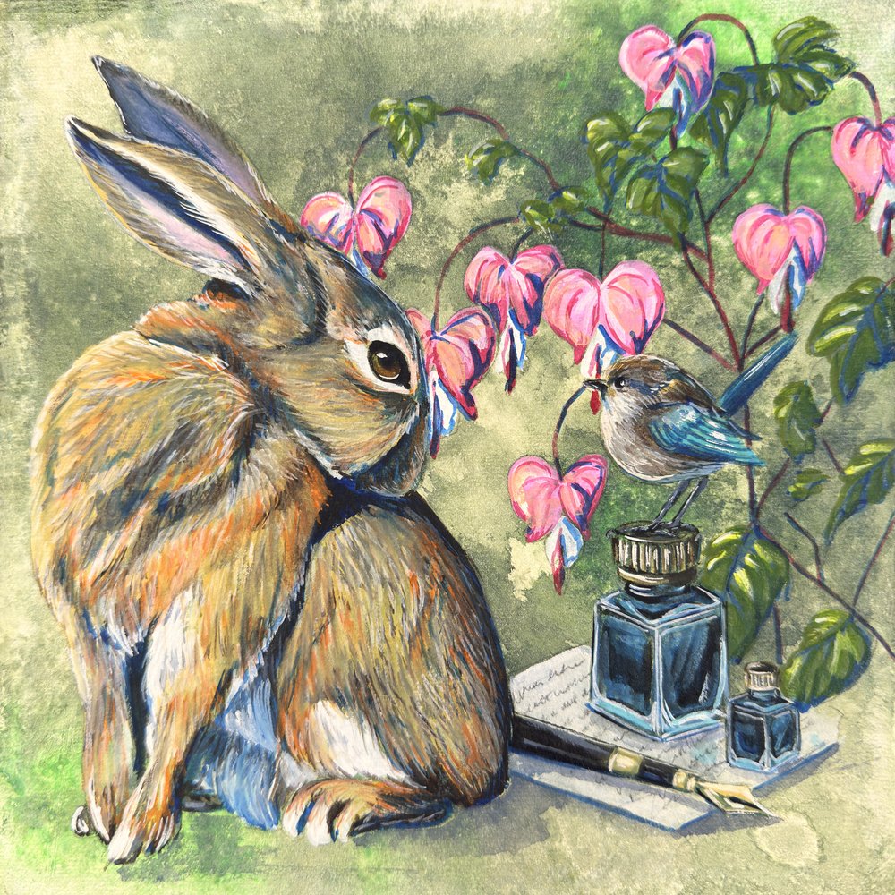 Verspieltes Kaninchen und Vogel von Renee Machan Cottagecore Artist