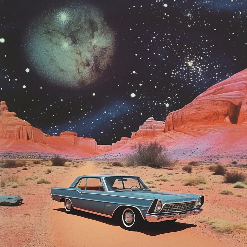 Vintage Auto kosmische Wüste von Samantha Hearn