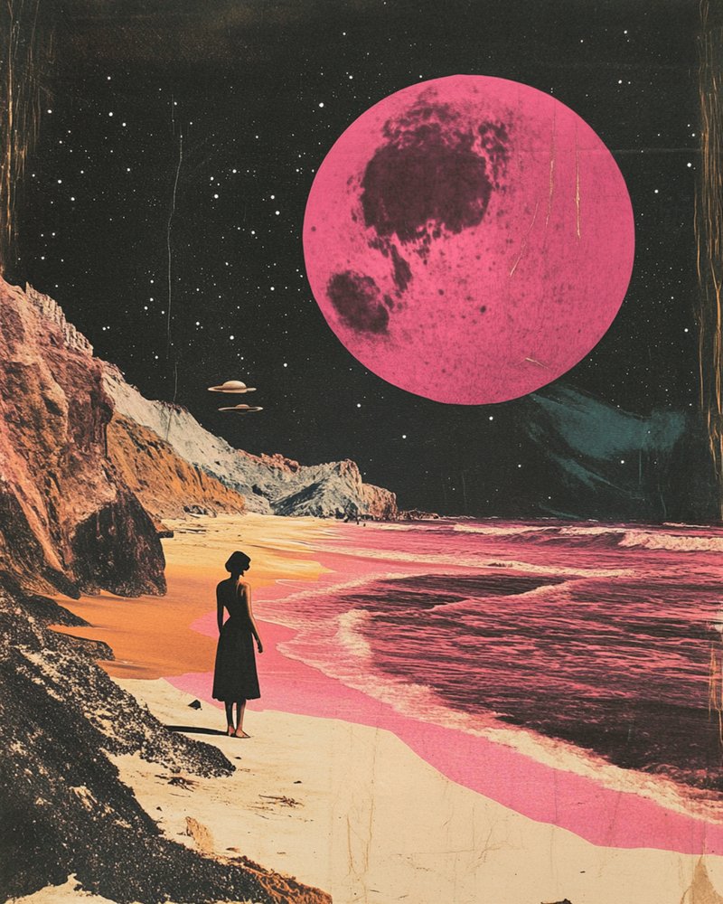 Frau unter rosa Mond von Samantha Hearn