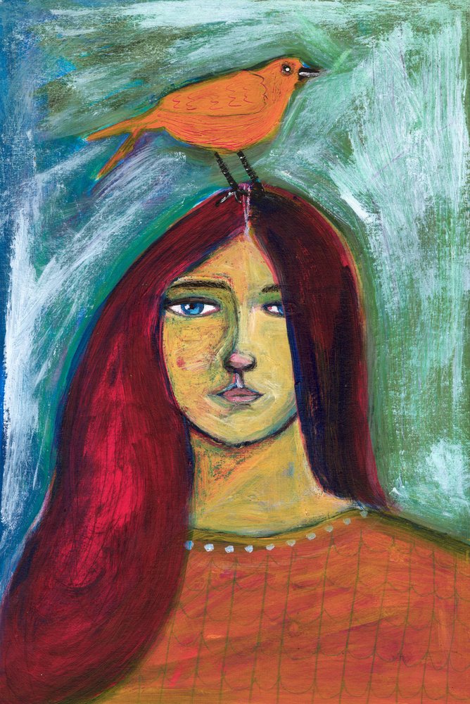 Frau mit Orangenem Vogel von Sharyn Bursic