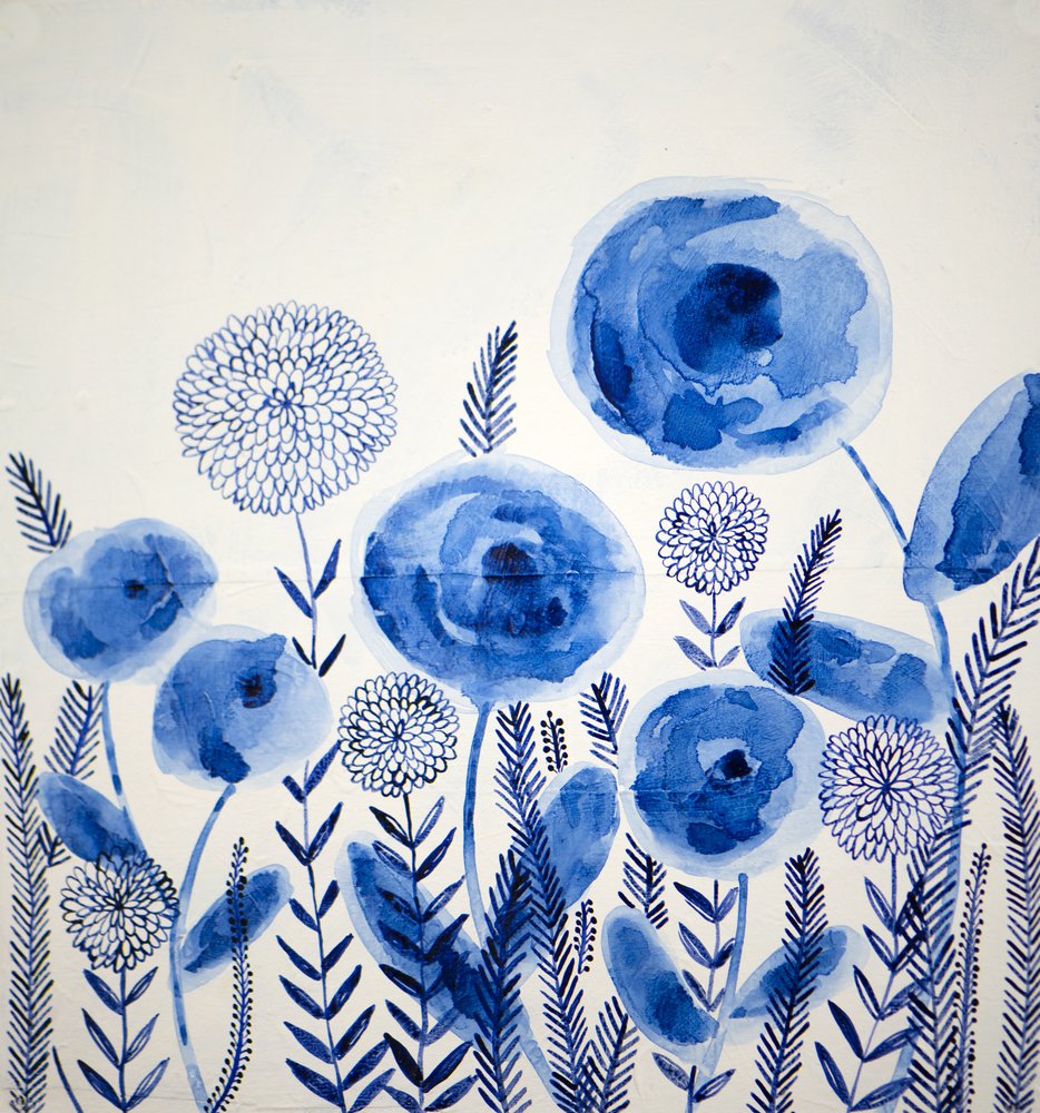 Indigo-Aquarellblüten von Shelley Hampe