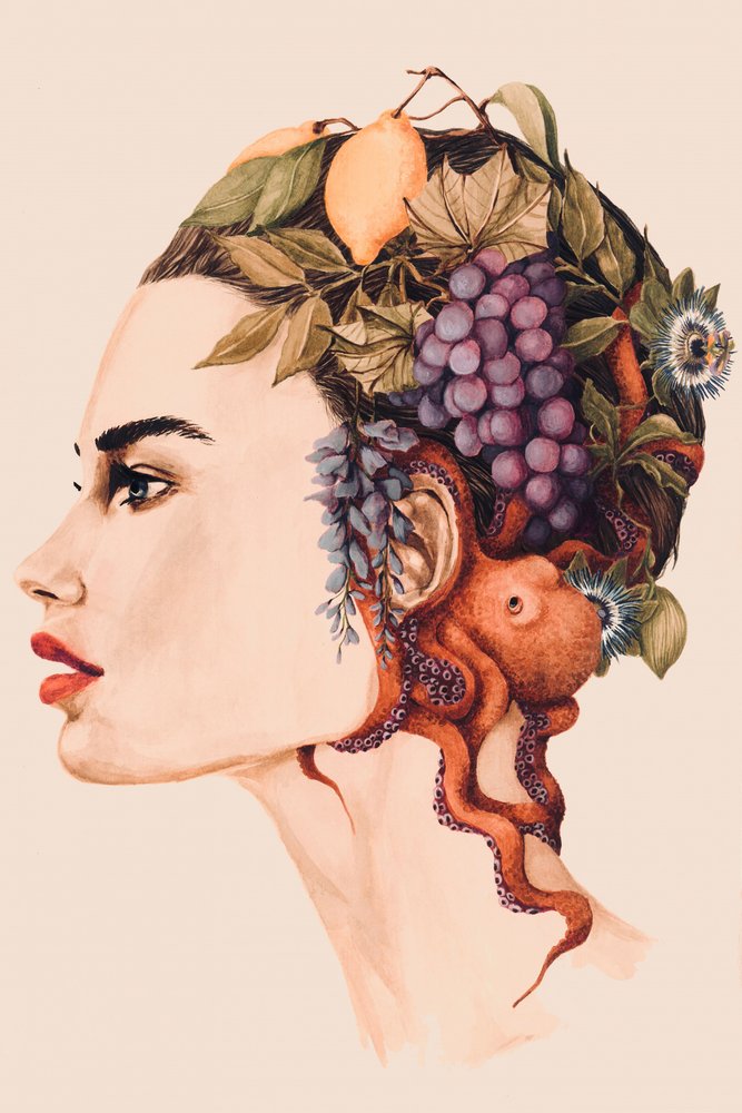 Surreales Frauen-Oktopus-Porträt von Sophia Novosel