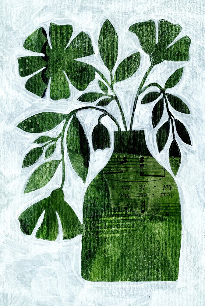 Grüne Botanische Collage Vase von Susan Black
