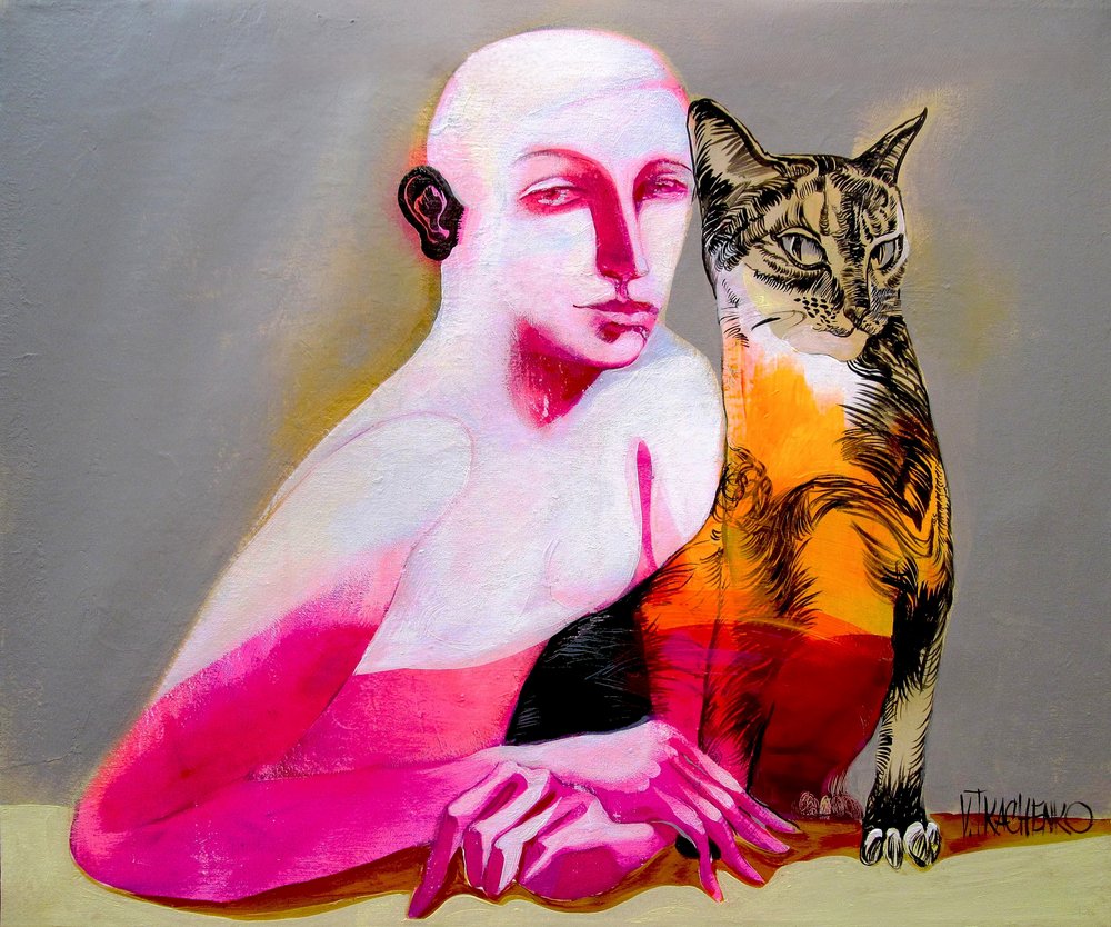 Rosa Figur und Katze von Victor Tkachenko
