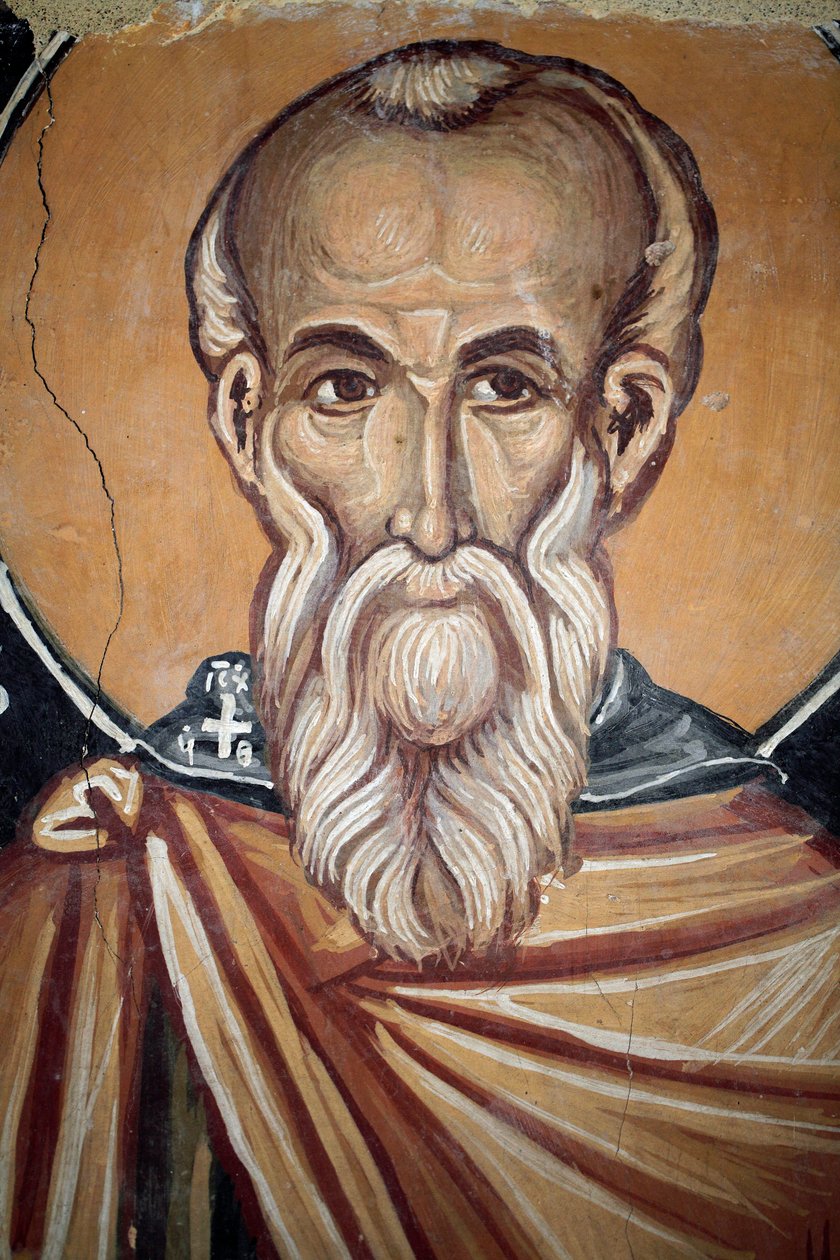 Byzantinisches Fresko aus dem 15. Jahrhundert (Detail) Heiliger Theodosius der Koinobit Wandmalerei Michael-Archangel-Kapelle, Dorf Galata, Zypern, Bemalte Kirchen UNESCO-Stätte Troodos, Zypern von Unknown