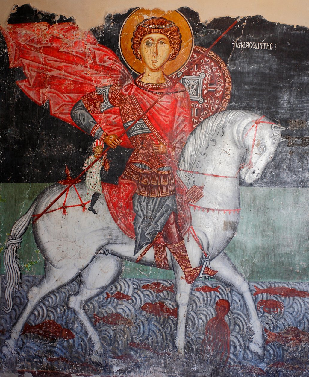 Das byzantinische Fresko aus dem 15. Jahrhundert (Detail) Heiliger Georg Wandmalerei Michael-Archangel-Kirche in Pedoulas, Zypern, Bemalte Kirchen UNESCO-Stätte Troodos, Zypern von Unknown