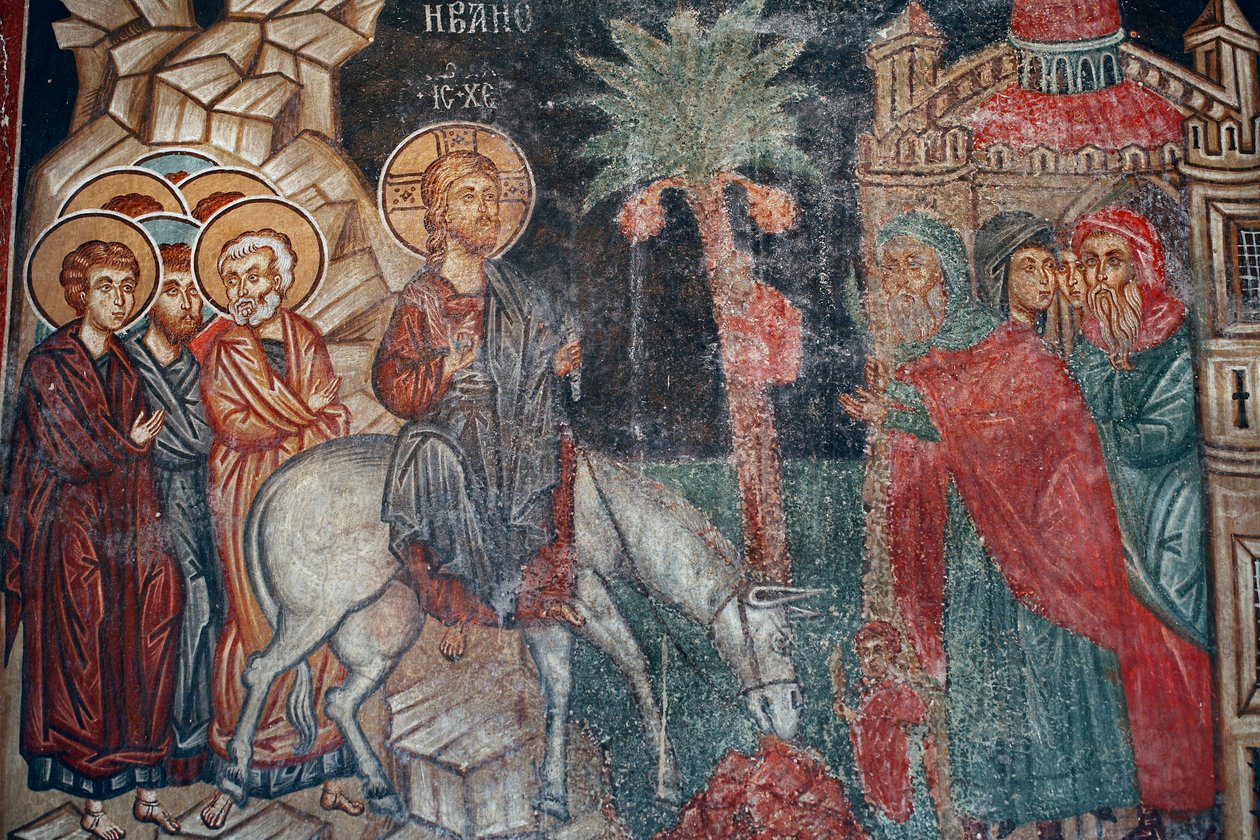 Das byzantinische Fresko aus dem 15. Jahrhundert Der Einzug in Jerusalem Wandmalerei Michael-Archangel-Kirche in Pedoulas, Zypern, Bemalte Kirchen UNESCO-Stätte Troodos, Zypern von Unknown