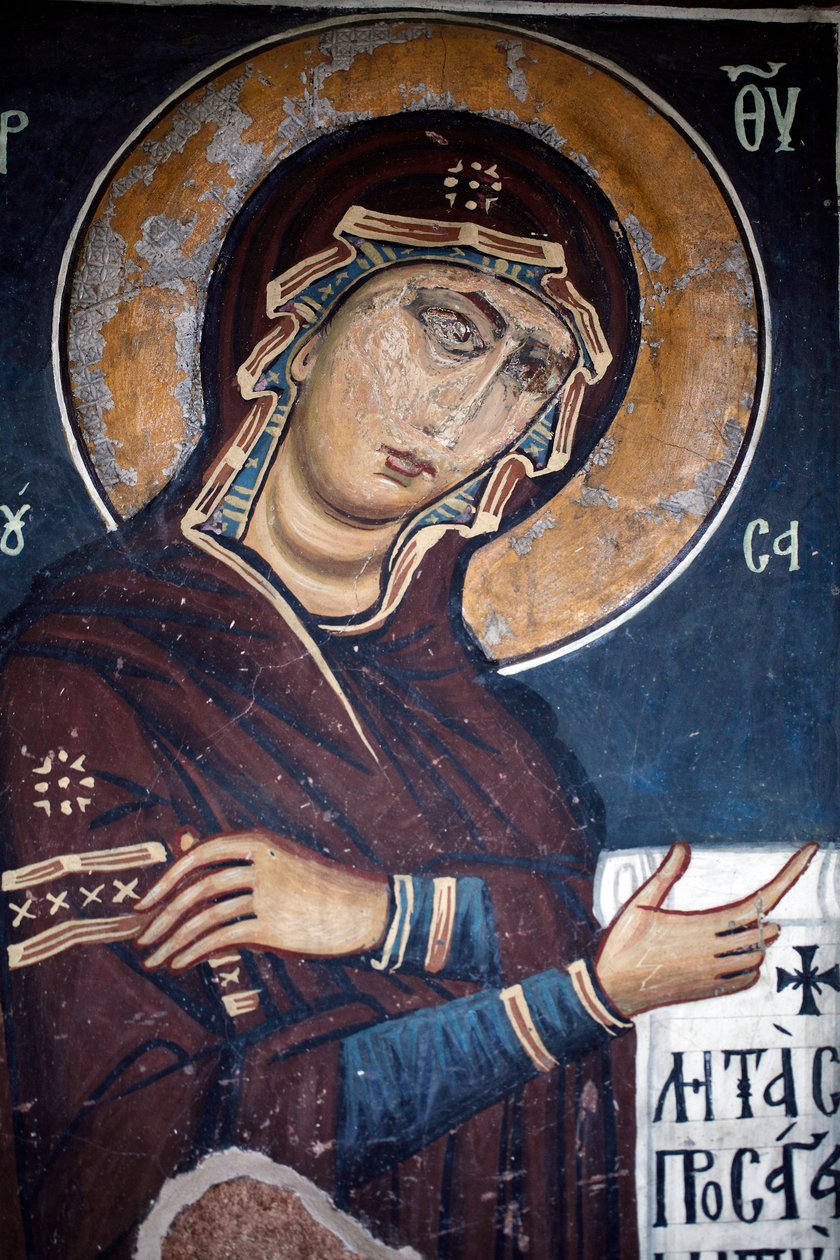 Die Barmherzige Jungfrau Byzantinische Wandmalerei aus der Kirche von Asinou Jüngstes Gericht Szene 12. Jahrhundert, restauriert im 14. Jahrhundert UNESCO-Weltkulturerbe Troodos-Region, Zypern von Unknown