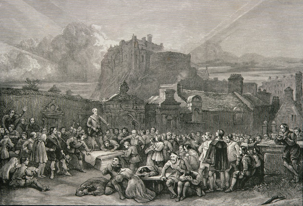 Eine Menschenmenge steht Schlange, um den Nationalen Bund vor dem Greyfriar