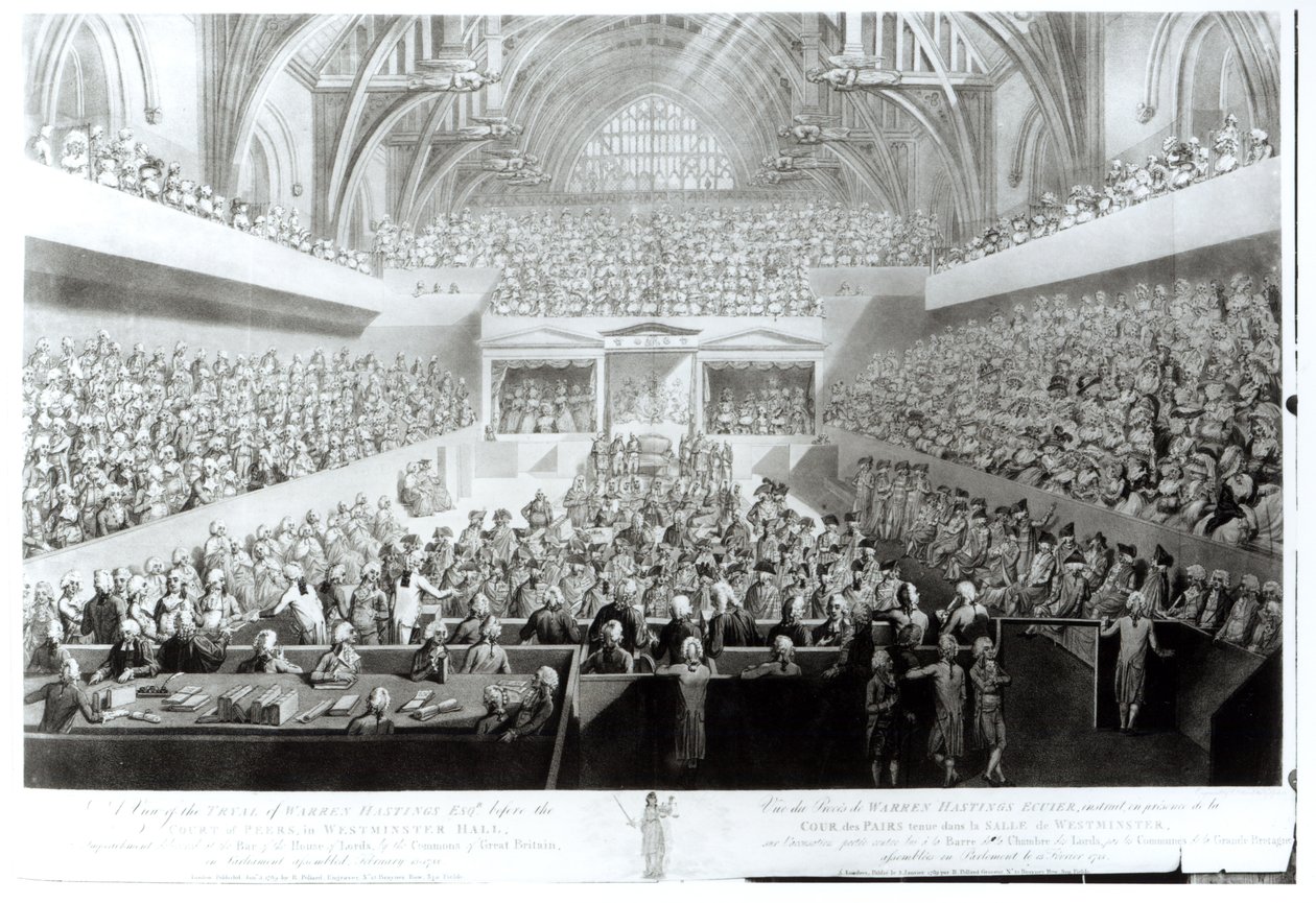 Ansicht des Prozesses von Warren Hastings (1732-1818) vor dem Gericht der Peers in der Westminster Hall. Anklage vor dem Bar des House of Lords, durch die Commons von Großbritannien, im Parlament von English School