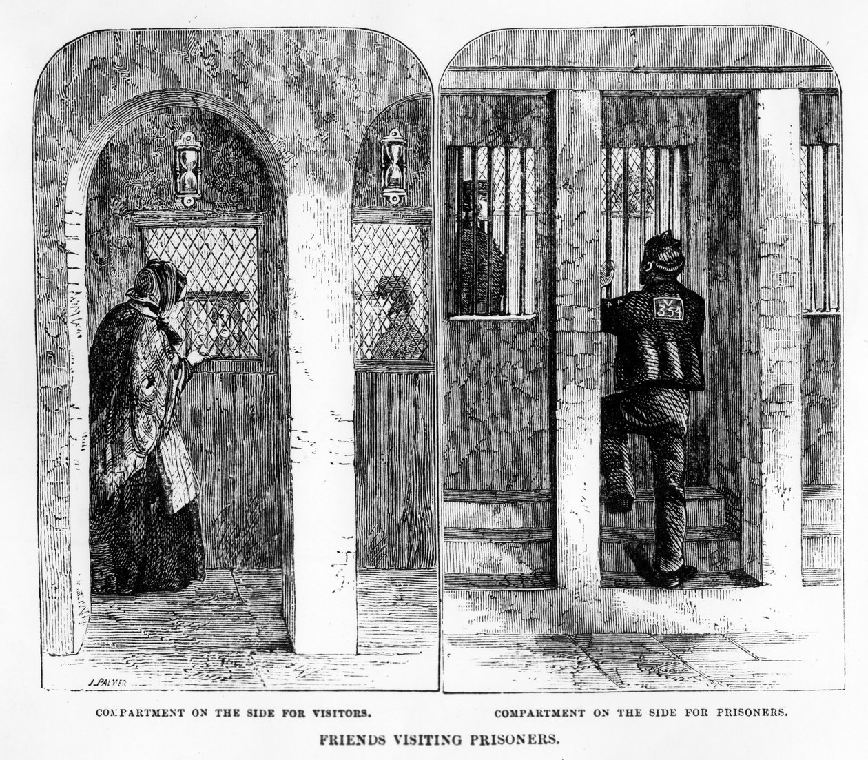 Freunde besuchen Gefangene im Zuchthaus Coldbath Fields, Druck von J. Palmer, Illustration aus 