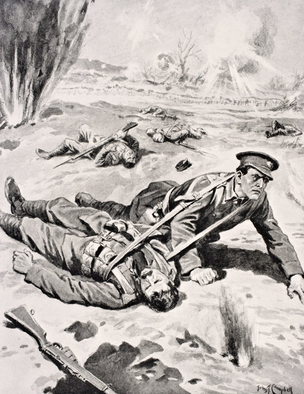 Lance-Corporal Joseph Tombs VC, mit einem der vier verwundeten Kameraden, die er in der Nähe von Armentieres, Frankreich, am 16. Juni 1915 rettete, aus 