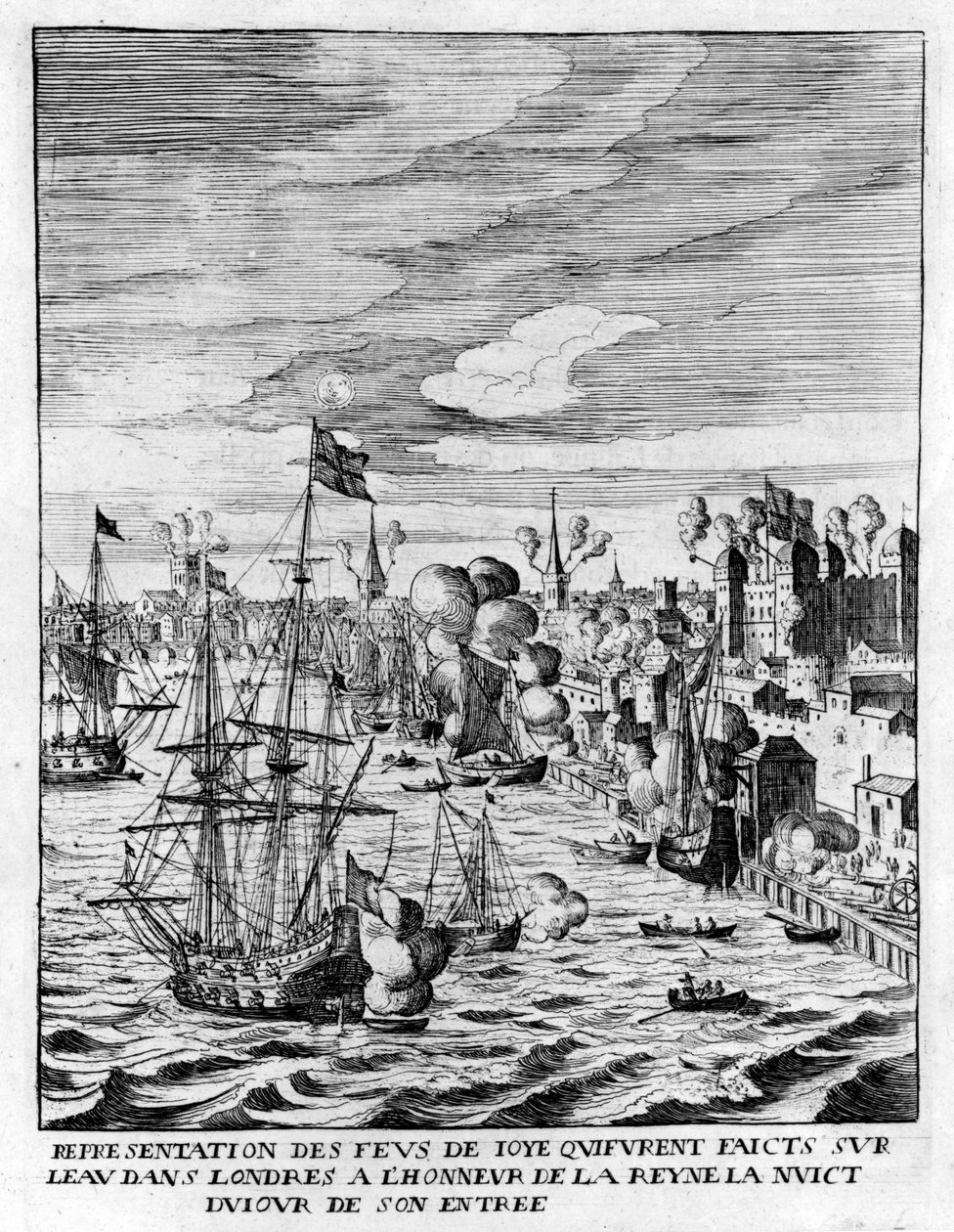Feuer im Tower of London und Kanonenschüsse zu Ehren der Ankunft von Königin Marie de Medici, Illustration aus 