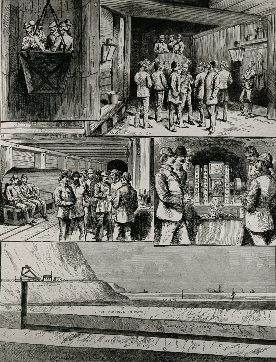 Die Arbeiten am Kanaltunnel in Dover: Abstieg in den Käfig; Ankunft am Boden des Schachts; Swindon Junction; Druckluft-Bohrmaschine; Abschnitt des Tunnels, aus 