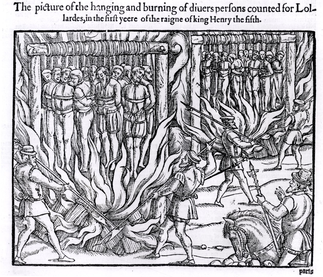 Das Bild des Hängens und Verbrennens verschiedener Personen, die als Lollarden galten, im ersten Jahr der Herrschaft von König Heinrich V., aus 