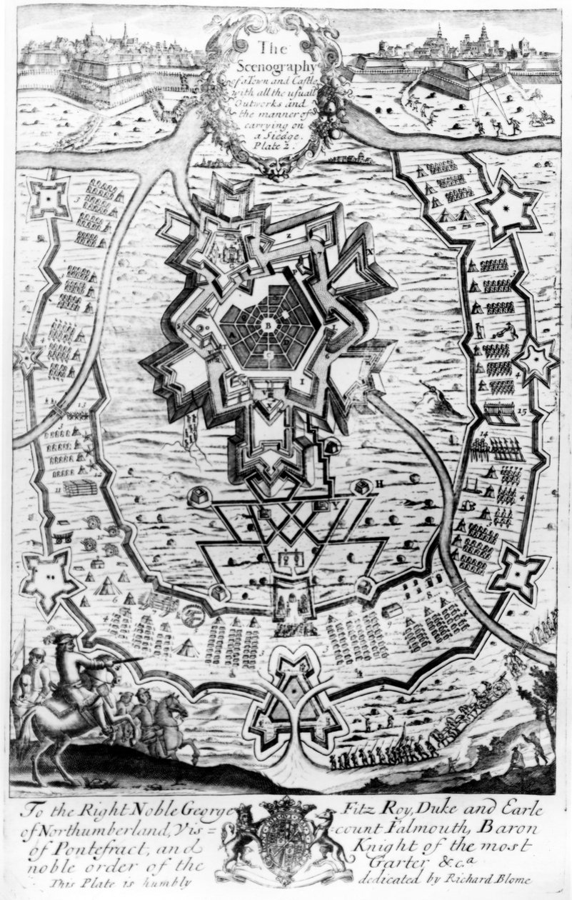 Die Szenografie einer Stadt und eines Schlosses mit allen üblichen Außenwerken und der Art und Weise, eine Belagerung durchzuführen, aus 
