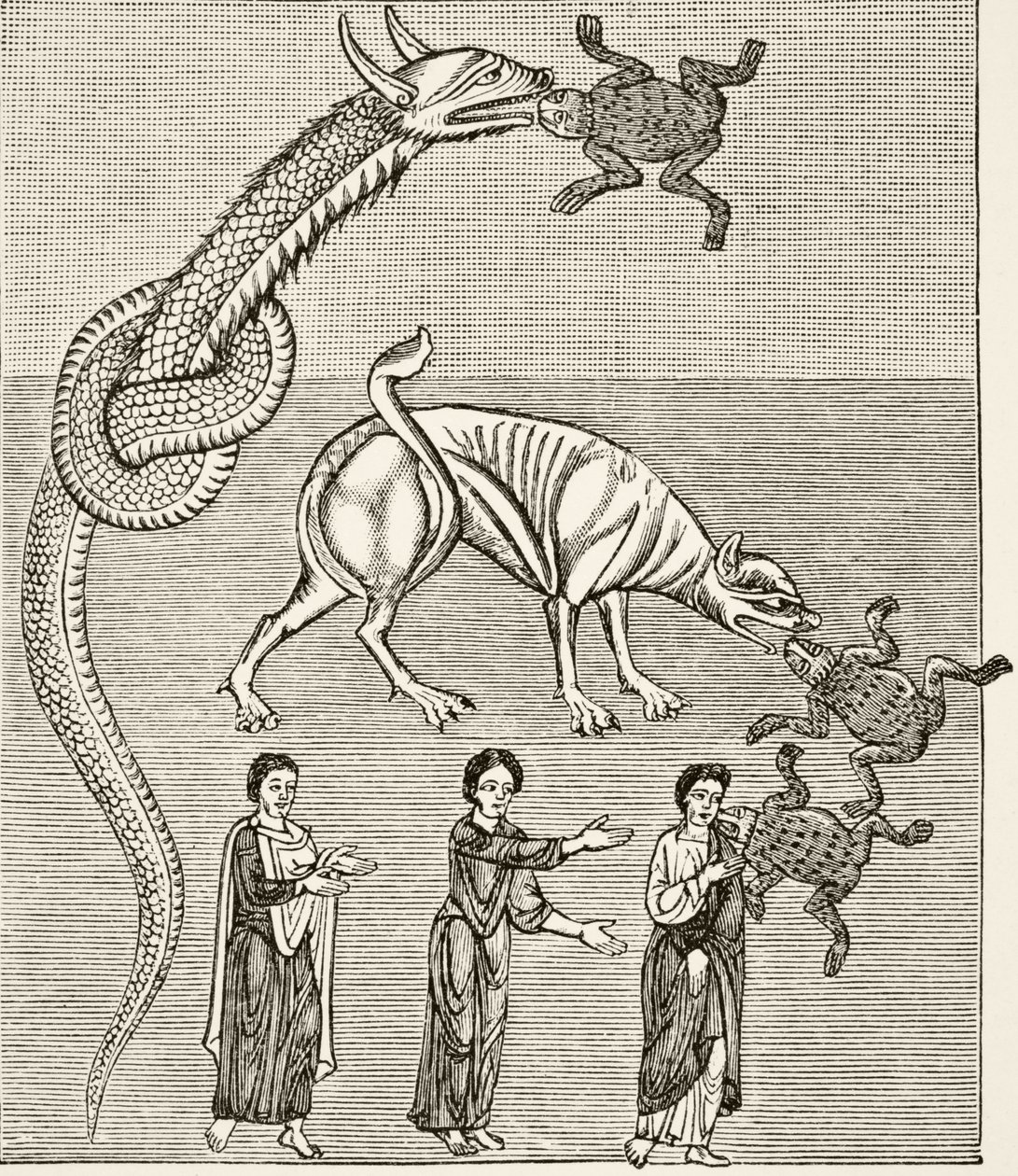 Die Schlange oder der Drache und der Behemoth oder der Teufel, nach einer Miniatur in einem Manuskript des 12. Jahrhunderts des 